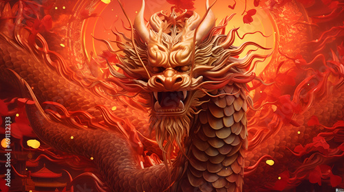 Illustration of a golden Chinese dragon on a red background