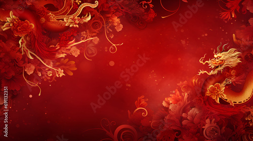 Illustration of a golden Chinese dragon with flowers on a red background