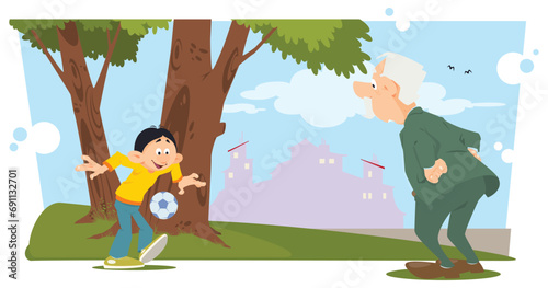 Teenager in park with soccer ball. Illustration for internet and mobile website.
