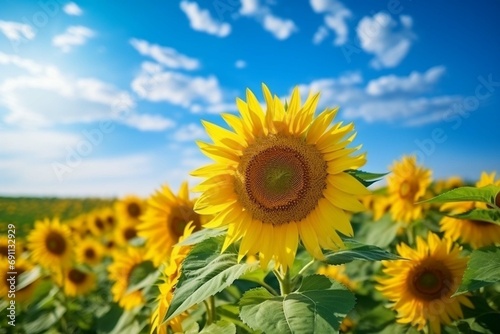 Sunflower. Beautiful yellow blooming flower with blue sky. Colorful nature background for summer season