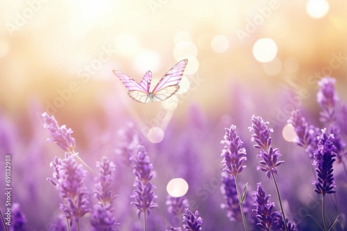 Sunny summer nature background with fly butterfly and lavender flowers with sunlight and bokeh. Outdoor nature banner; Copy space