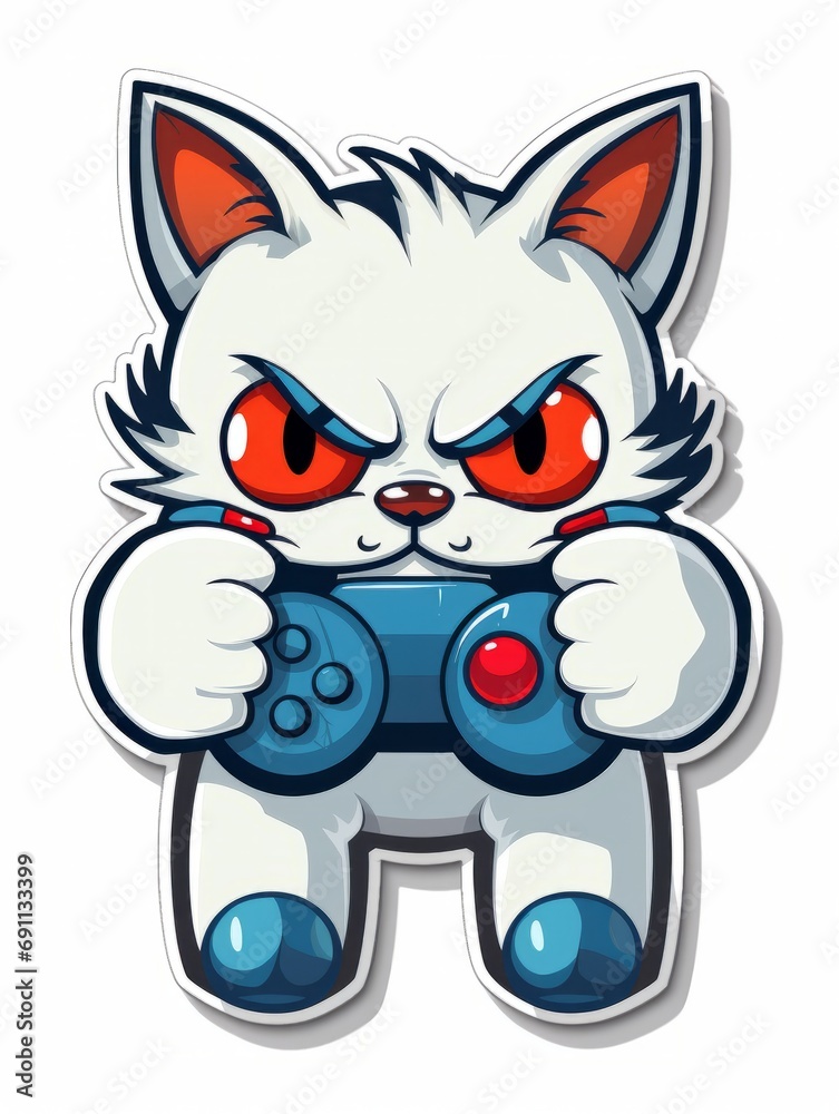 Cartoon sticker evil gamer kitten with game joystick, AI Cartoon sticker evil gamer kitten with game joystick, AI