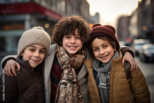 Four young trendy friends smiling together in a winter urban setting, winter clothing, hats and scarfs. Suitable for illustrating teamwork, diversity, or female empowerment
