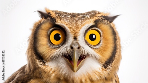 Shocked owl with big orange eyes on white background photo