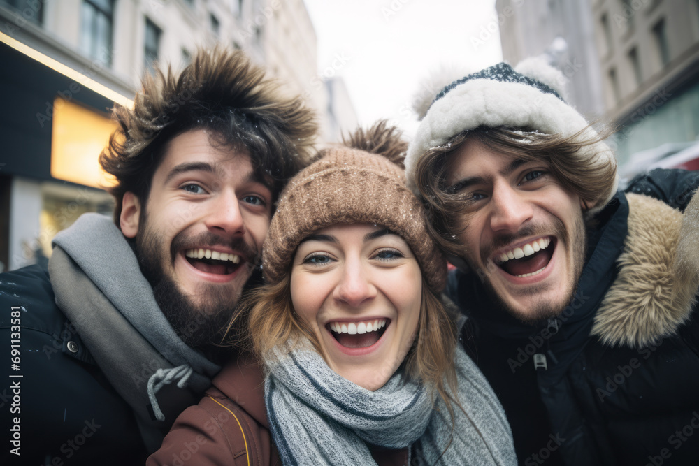 Four young trendy friends smiling together in a winter urban setting, winter clothing, hats and scarfs. Suitable for illustrating teamwork, diversity, or female empowerment Four young trendy friends smiling together in a winter urban setting, winter clothing, hats and scarfs. Suitable for illustrating teamwork, diversity, or female empowerment