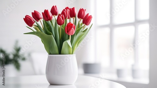 White bathroom with modern vase holding tulips on counter