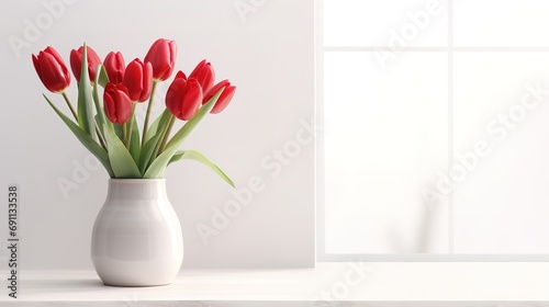 White bathroom with modern vase holding tulips on counter