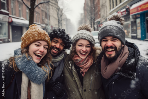 Four young trendy friends smiling together in a winter urban setting, winter clothing, hats and scarfs. Suitable for illustrating teamwork, diversity, or female empowerment