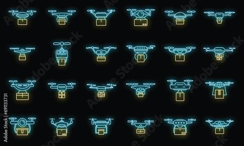 Air drone delivery service icons set. Outline set of air drone delivery service vector icons neon color on black