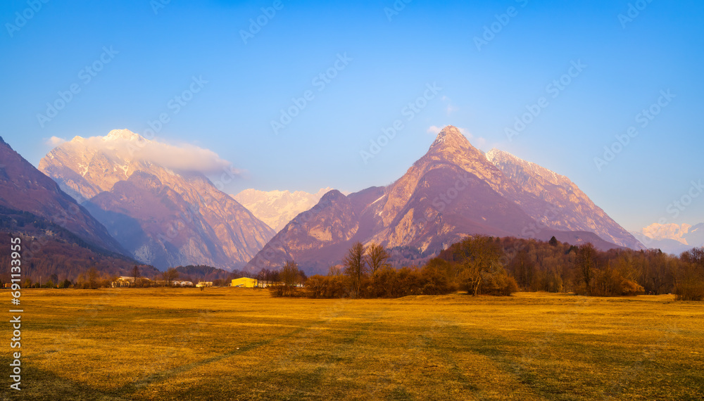 Fototapeta premium Winter landscape near village Bovec, Triglavski national park, Slovenia