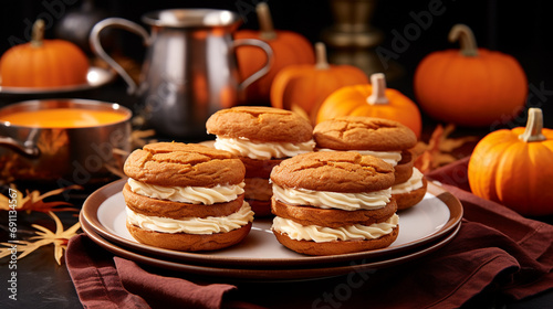 Pumpkin whoopie pies, fall season baking created with Generative Ai
