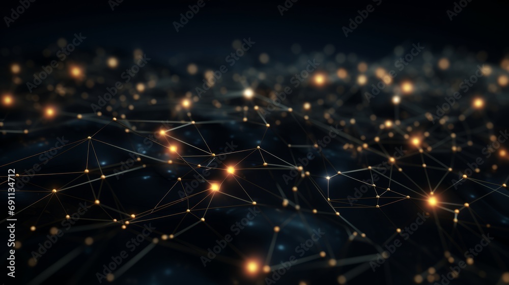 futuristic data network: abstract 3d rendering of connecting dots and lines on dark background - technology concept, 4k resolution