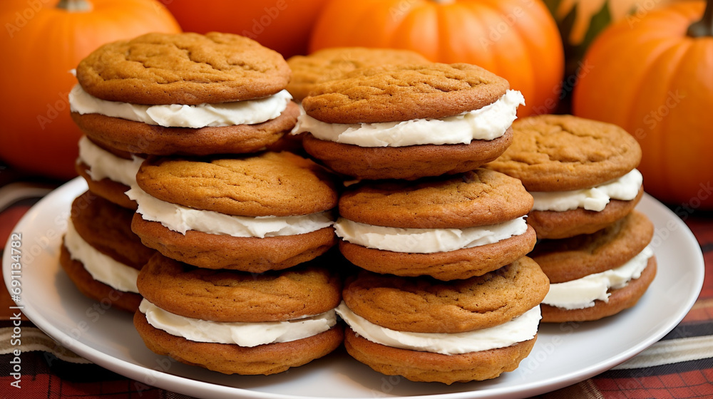 Pumpkin whoopie pies, fall season baking created with Generative Ai Pumpkin whoopie pies, fall season baking created with Generative Ai