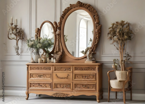Mirror and wooden cabinet with decorative elements in room