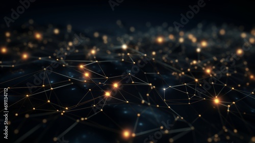 futuristic data network: abstract 3d rendering of connecting dots and lines on dark background - technology concept, 4k resolution photo