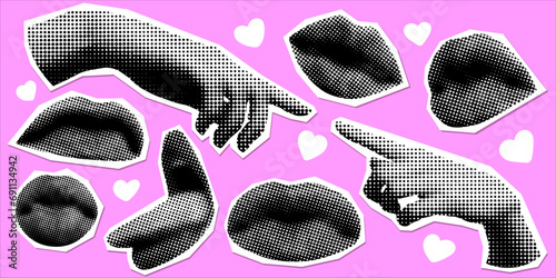 Retro halftone mouth and hands. Woman shows tongue. Hands reaching out to each other. Kissing lips. Modern collage. Pop art dotted style. Valentines day design elements. Trendy vintage newspaper parts