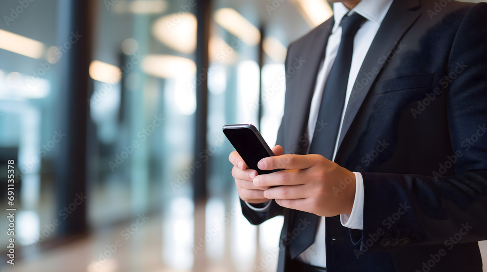 A businessman in a suit standing in company hall and looking at the mobile phone showing business analytics and sales, charts and graphs on the display screen. Company insights, researching concept A businessman in a suit standing in company hall and looking at the mobile phone showing business analytics and sales, charts and graphs on the display screen. Company insights, researching concept