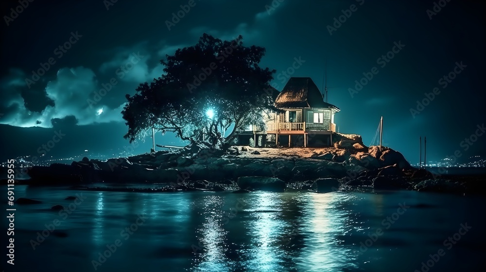 Fototapeta premium A Serene Wooden House on a Small rocky Island in the Middle of the Ocean, and a tree with a bright light and reflect on the water at night time.