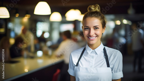 A beautiful young waitress with blonde hair smiling and looking at the camera  coffee shop kitchen and workers blurred in the background. Cafeteria staff service  female catering employee