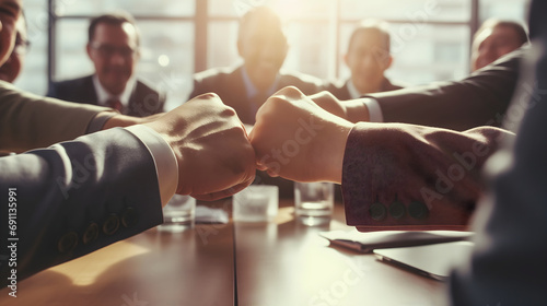 A group of businessmen in elegant suits doing a fist bump in a modern office interior. Male investors assembled together, agreeing to cooperation and partnership at a meeting. Teamwork concept