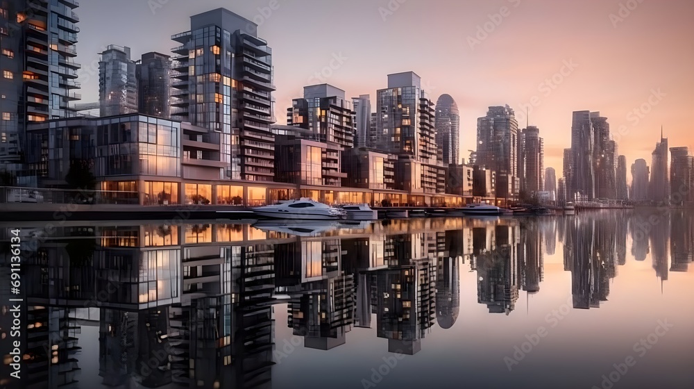 An elite apartment complex or business district with yacht parking at the bay, reflection at the water.