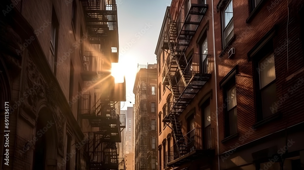 Urban serenity with Brick alley with fire escapes, warm sunlight, quiet atmosphere, reminiscent of older city districts. - obrazy, fototapety, plakaty 