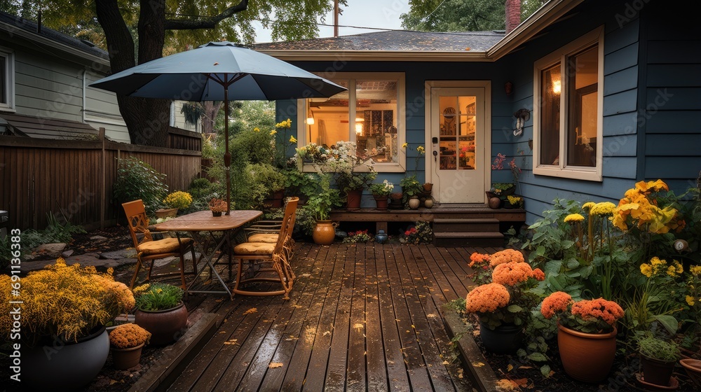 Serene post rain scene with wooden patio, rain kissed, lush flora, tranquil ambiance, embraced by soft light in a tended garden. Backyard home a place to relax, gather, and sit. - obrazy, fototapety, plakaty 