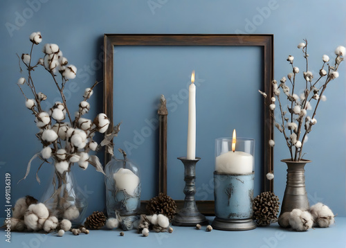 candlesticks  dry cotton plant in vases  metal photo frame on a blue background