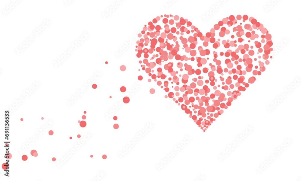 A footprint and a big heart. A big heart consisting of multi-colored circles. From the heart comes a trail of hearts. The color of the circles is shades of red. The background is white.
