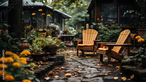 Backyard garden terrace with cozy wooden chair, full of flowers and green plant, shady area a place to sit and relax. photo