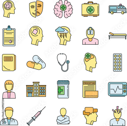 Brain mental hospital icons set. Outline set of brain mental hospital vector icons thin line color flat on white