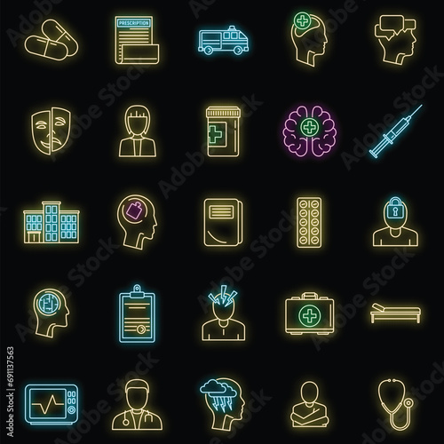 Brain mental hospital icons set. Outline set of brain mental hospital vector icons neon color on black