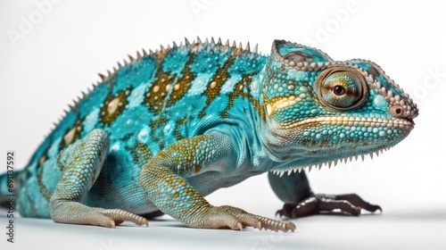 Stunning Close Up of a Blue Veiled Chameleon isolated on white background, studio shot, Showcasing Vivid Colors and Textures, to Highlight Reptilian Beauty and Diversity.