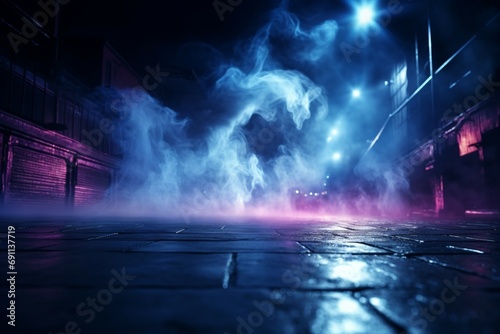 Urban mystique Neon lights searchlight and smoke create an abstract nocturnal atmosphere