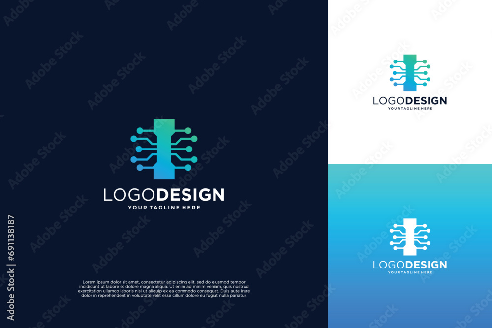 Letter I modern digital dot connection logo design inspiration