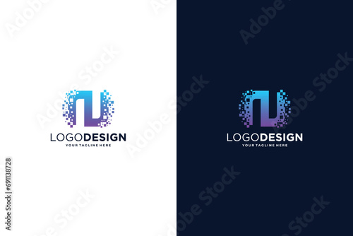 Letter N modern digital dot connection logo design inspiration