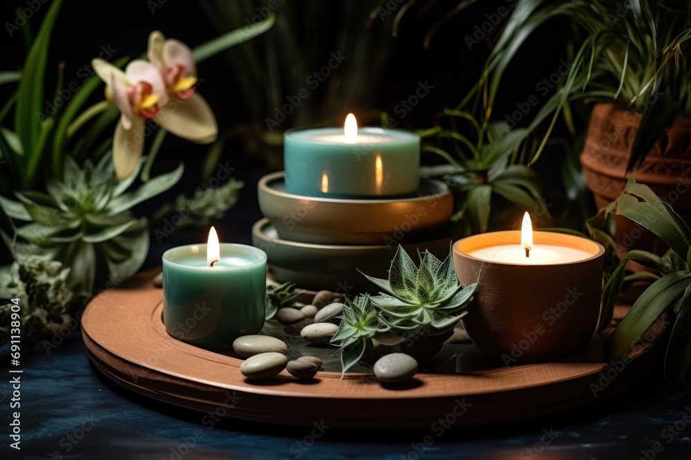 candles on rimmed plates with plants and flowers