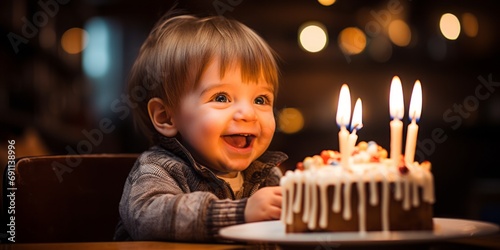 Cute little boy blows out candles on a birthday cake at home. Child's birthday celebration.