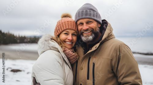 Embraced by the winter's chill, a happy couple stands on the serene beach, holding each other close.