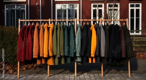 coats are lined up on a rack outside,