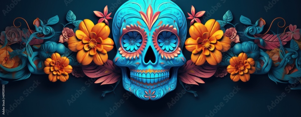 colorful flowershaped plastic sugar skull on blue background - obrazy, fototapety, plakaty 