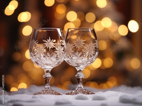 couple of glasses with ornaments of snowflakes on table in winter