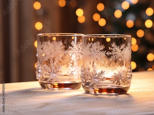 couple of glasses with ornaments of snowflakes on table in winter