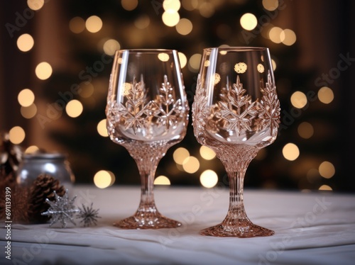 couple of glasses with ornaments of snowflakes on table in winter