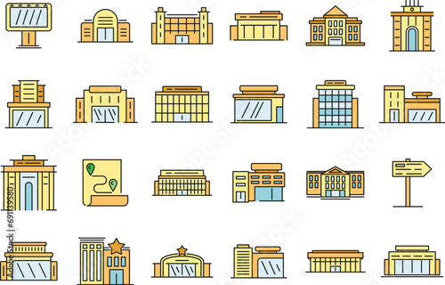 Exhibition center icons set. Outline set of exhibition center vector icons thin line color flat on white
