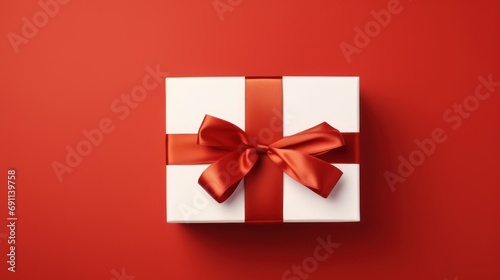 a white gift box with red ribbon against a red background © Wirestock