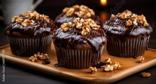 four large cupcakes with chocolate and walnuts