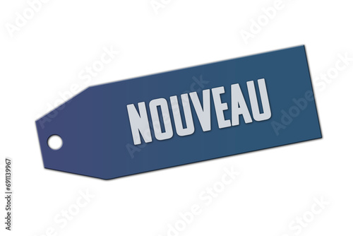 Nouveau symbol. A blue tag with word nouveau. Isolated on white background.B65+B91 photo