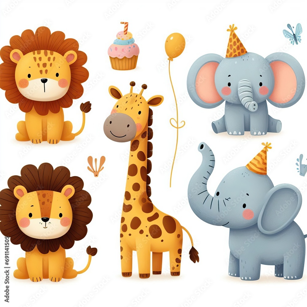 Cute Lion, Giraffe and Elephant have a fun party. Cute Lion, Giraffe and Elephant have a fun party.