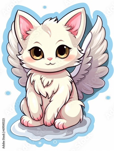 Cartoon sticker sweet angel kitten, AI